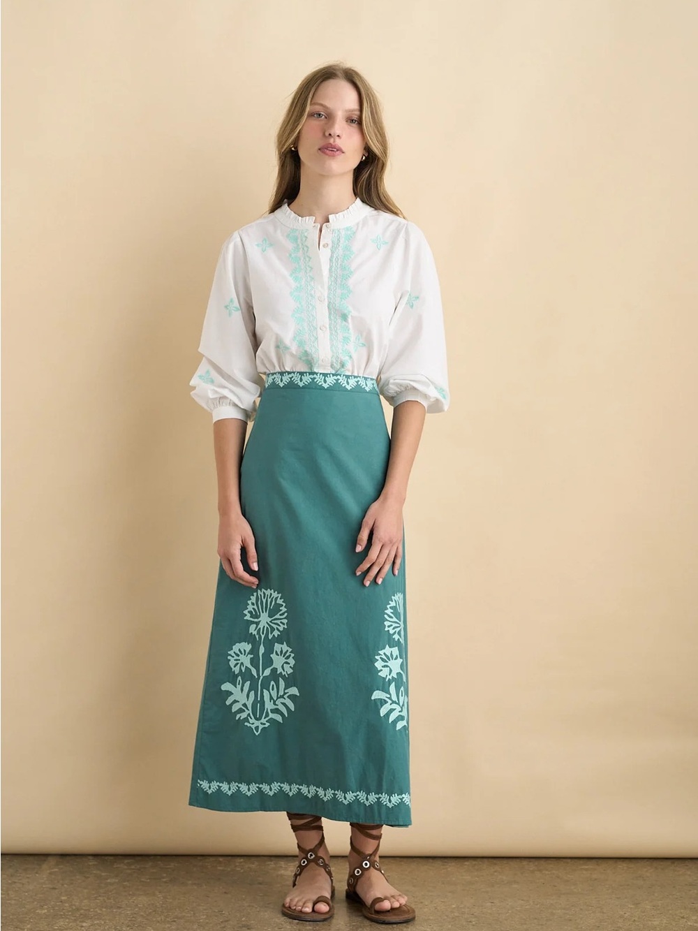 Woven Embroidered Cotton Blouse in White with Aqua Accents